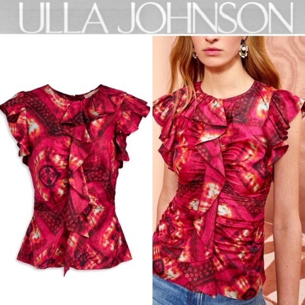 Ulla Johnson Women's Red Vida Ruffled Printed Silk-twill Top sz 8 NWT 450$